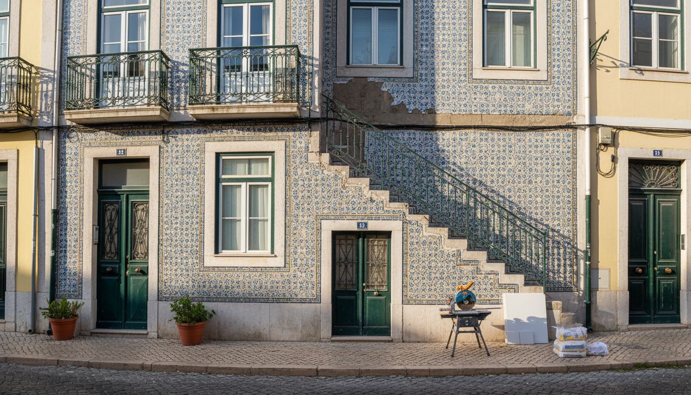 Painel de azulejos antigos com fissuras consolidadas na alvenaria