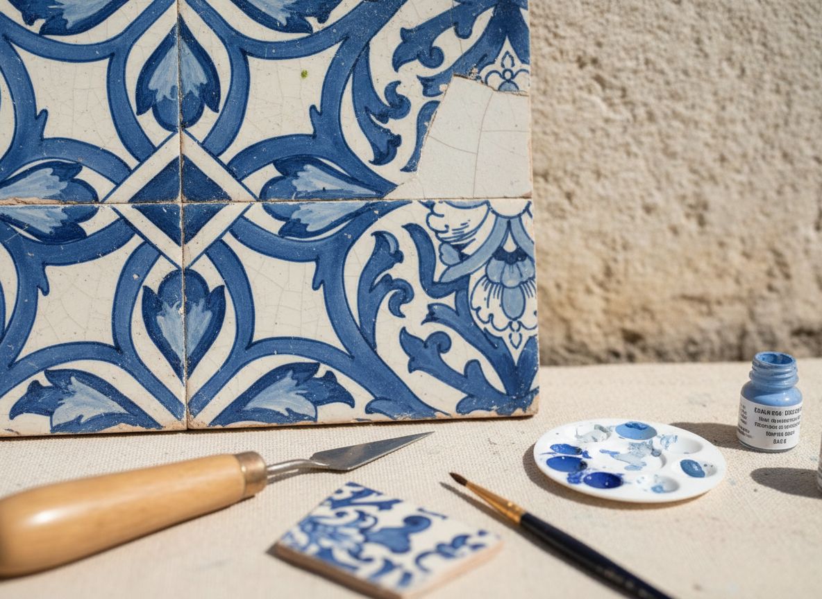 Fragmento de azulejo restaurado com reintegração tonal de esmalte cerâmico
